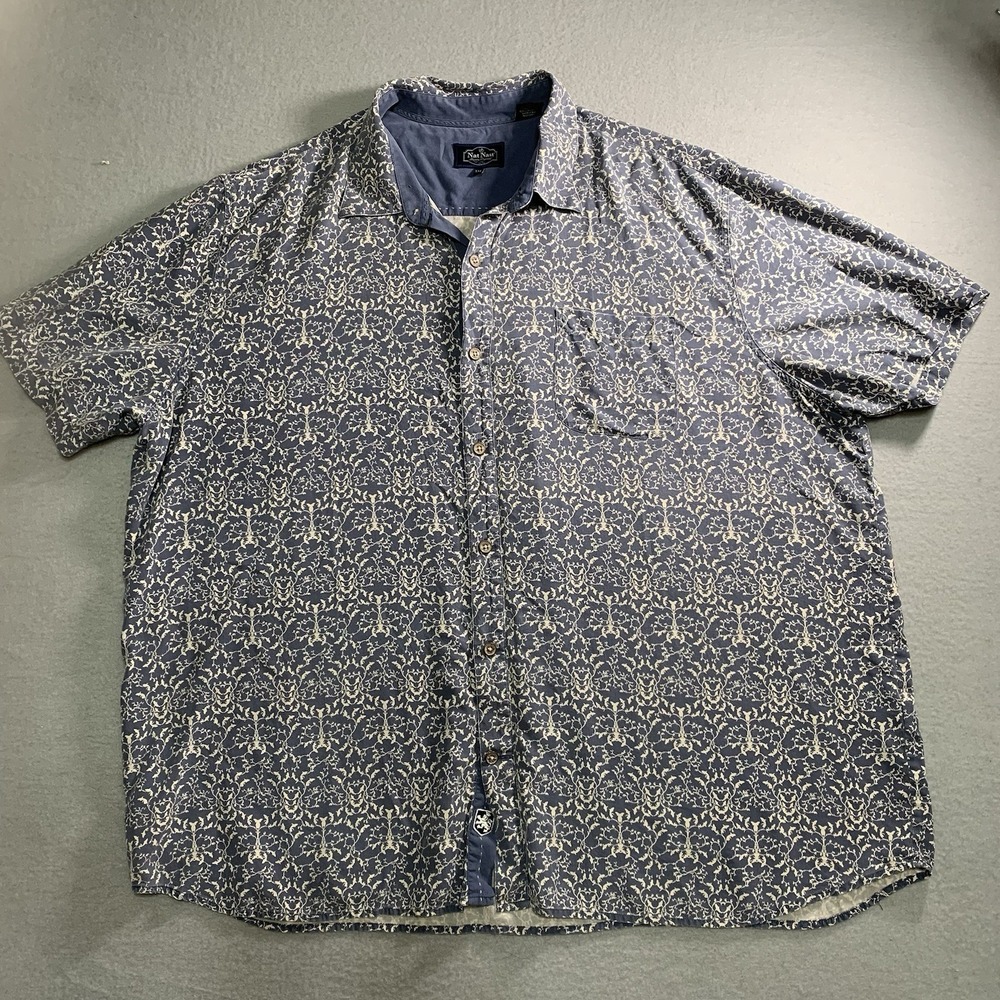 Nat Nast Print Short Sleeve Silk Shirt in LIGHT BLUE White Size XL
